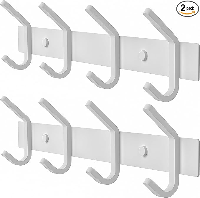 White Coat Rack Wall Mount – 12 Inch Stainless Steel Hook Rail with 4 Heavy Duty Double Coat Hooks – Wall Mounted Coat Hanger for Entryway, Bathroom, Bedroom, Towel, Hat Organizer - 2 Pack