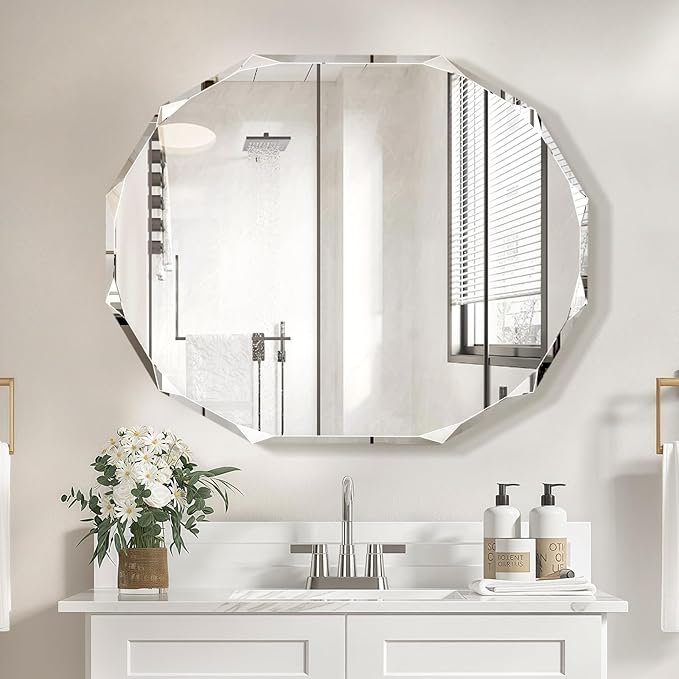 Pregaspor Single Beveled Edge Bathroom Vanity Mirror, 30" x 36" Oval Wall Mirror, Shatterproof Frameless Mirror for Over Sink, Restroom