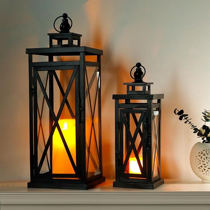 TRIROCKS Set of 2 Deacorative Candle Lantern 20'' & 11'' High Metal Candle Holder Hanging Lanterns with Tempered Glass Perfect for Indoor Outdoor Home Decor Parties Garden Events Wedding (Black)