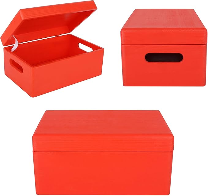 Large Red Wooden Box Storage with Hinged Lid | 11.8 x 7.87 x 5.51 inches (+-0.5) | with Handles | Gift Box for Tool Dog Toy Shoes Clothes Kitchen Storage | Wood Keepsake Chest