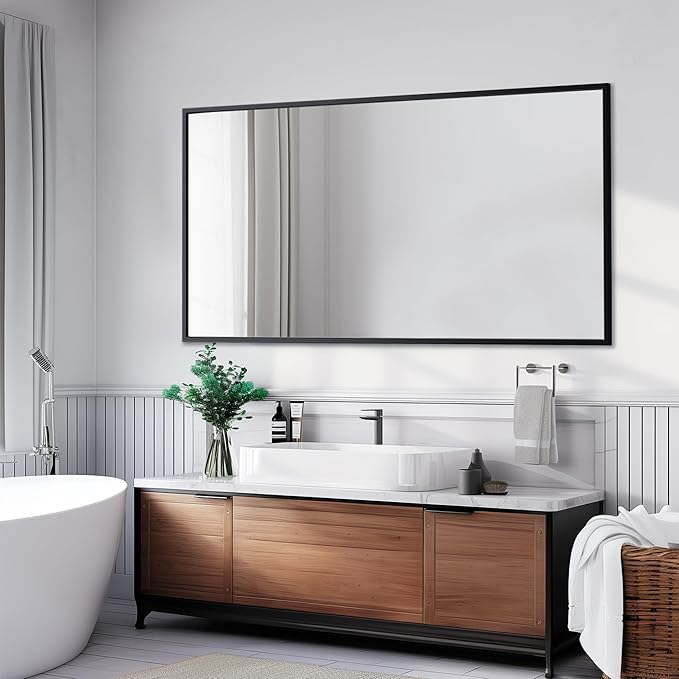 Antok Bathroom Mirror,60"x30" Wall Mirror, Decorative Mirrors Vanity Mirror Aluminum Alloy Frame Contemporary Hanging Mirror for Living Room Bathroom Entryway,Black,Rect Corner