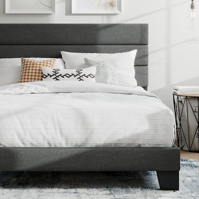 SHA CERLIN Queen Platform Bed Frame with Upholstered Fabric Headboard, Mattress Foundation with Strong Wooden Slats Support, No Box Spring Needed, Grey