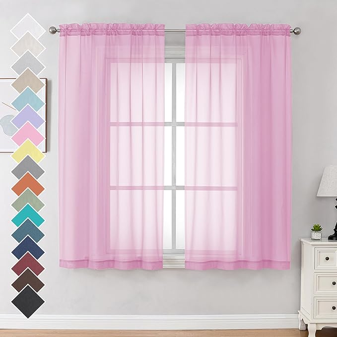 OVZME 2 Pack Pink Sheer Curtains 63 Inch Length, Light Filtering Window Curtain Drapes Treatment for Kitchen, Bedroom Living and Children Room, Voile Top Dual Rod Pocket, 2 Pack of 42 x 63"
