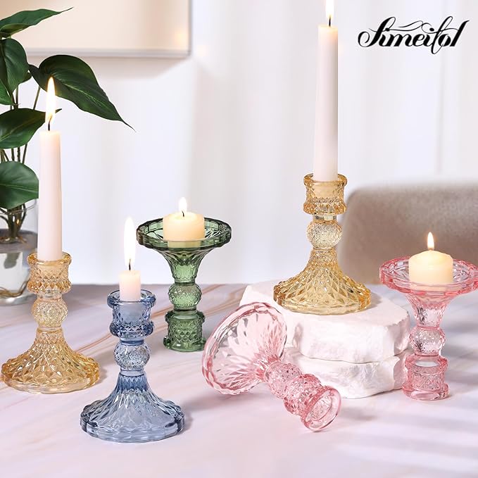 Glass Candle Holder Set of 12, Blue Taper Candle Holders Bulk, Vintage Candlestick Holders, Candle Stick Holder for Table Centerpieces, Wedding, Festival & Home Decor