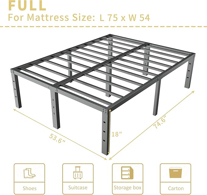 ALDRICH 18 Inch Metal Full Size Bed Frame - Black Basic Steel Slats Platform, Easy Assembly Heavy Duty Noise Free Bedframes, No Box Spring Needed