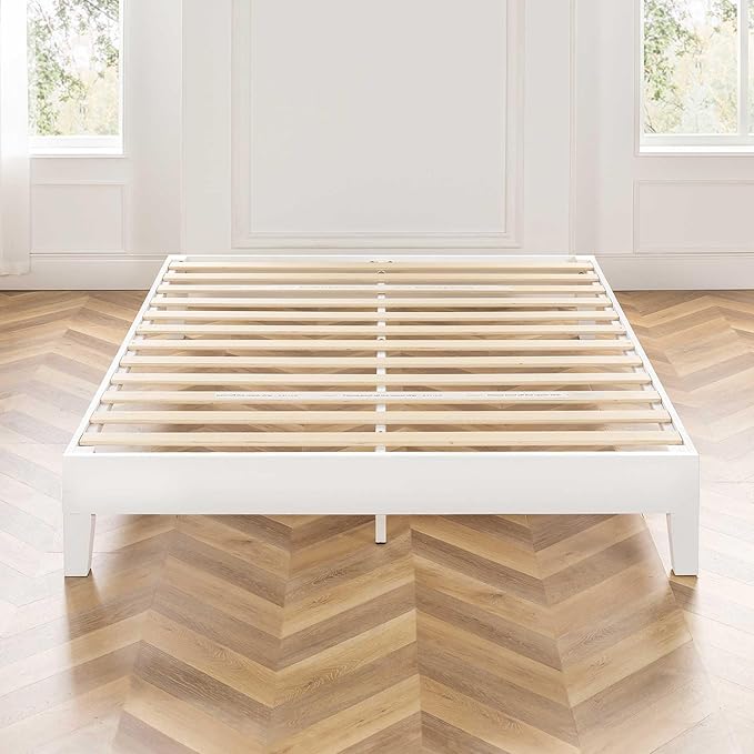Mellow Naturalista Grand 12 Inch Solid Wood Platform Bed with Wooden Slats, Easy Assembly, Queen, White