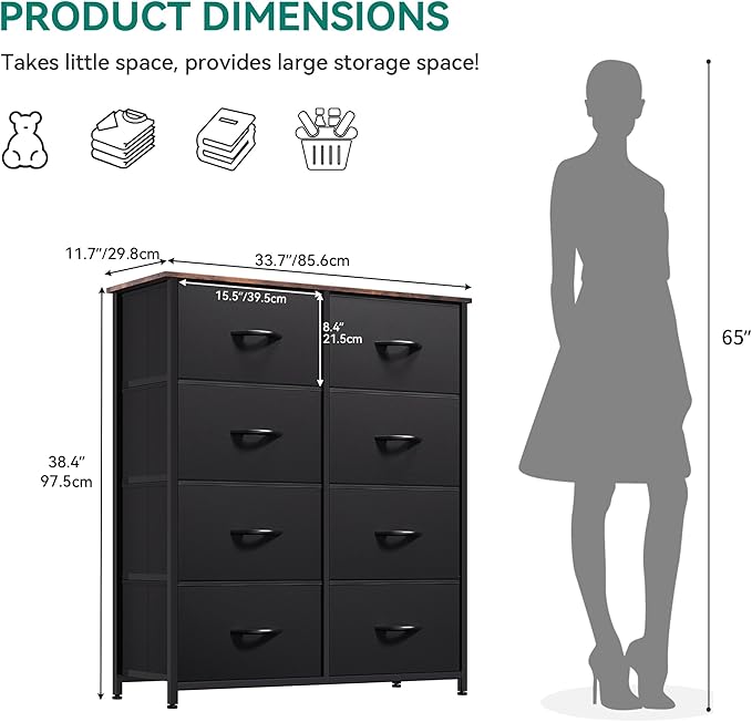 YITAHOME Dresser with 8 Drawers, Tall Storage Drawers, Black Dresser & Chest of Drawers, Storage Drawer Organizer for Closet, Bedroom, Living Room