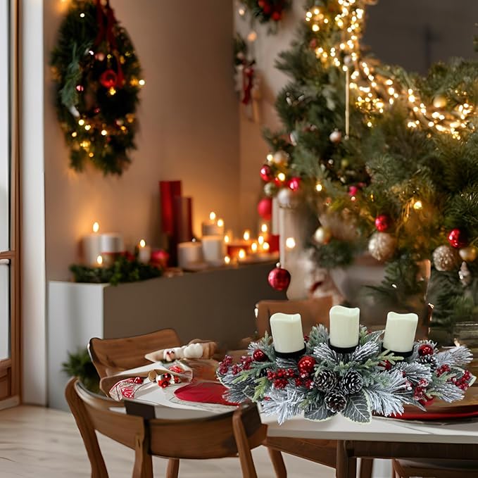 Christmas Candle Holder 3 Candle Holders Xmas Table Centerpiece with Snow Flocked Pine Branches,Pinecones, Red Berries