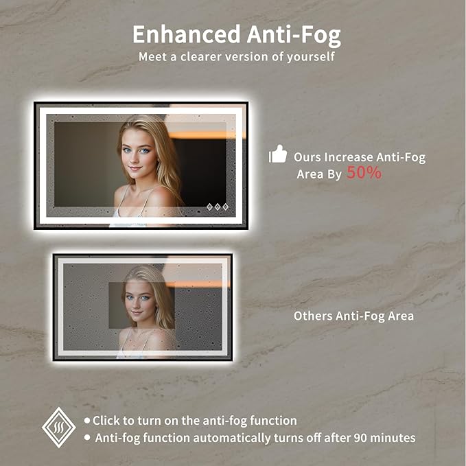 LED Mirror, 40x24 Inch Black Framed Gradient Front and Backlit Lighted Vanity Mirror, 3 Colors Dimmable CRI>90, IP54 Enhanced Anti-Fog Wall Mounted LED Bathroom Mirror
