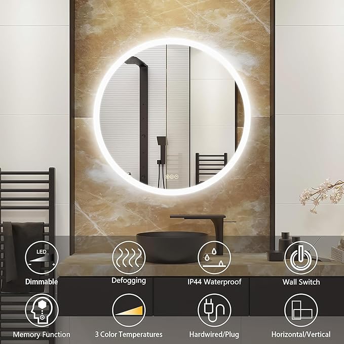 Wall-Mounted LED Round Bathroom Mirror, Makeup Mirror (36inches x36 inches,) 3 Color Stepless Dimmable Memory Bathroom Vanity Mirror with Lights CRI90+ 3000-6400K Smart Mirror with Touch