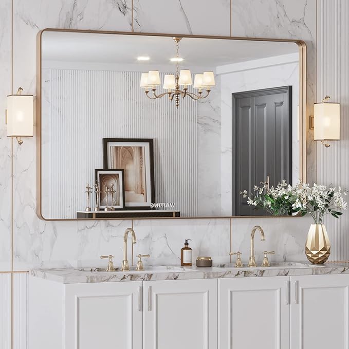 LOAAO 48”X30” Gold Bathroom Mirror, Rounded Rectangle Gold Frame Mirror, Brushed Gold Bathroom Vanity Mirror Wall-Mounted, Anti-Rust, Tempered Glass, Hangs Horizontally or Vertically
