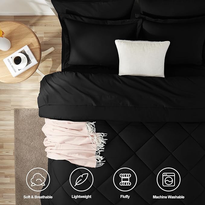 CozyLux Full Size Comforter Sets Black - 7 Pieces Bed in a Bag Full, Luxury Soft Bed Set for All Seasons, Bedding Set with Down Alternative Comforter, Sheets, Pillowcases & Shams