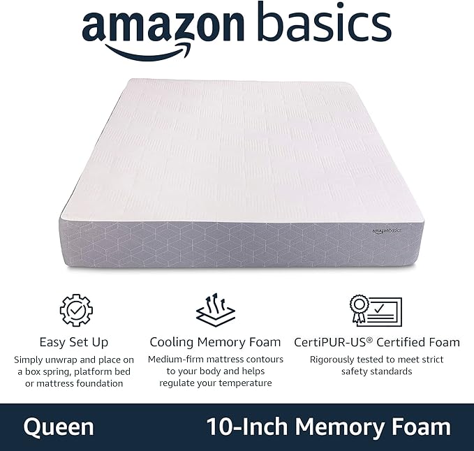 Amazon Basics Memory Foam Mattress, Medium Firm, Cooling Gel, Queen Size Mattress, CertiPUR-US® Certified Foam, 80 x 60 x 10 inches, White/Gray