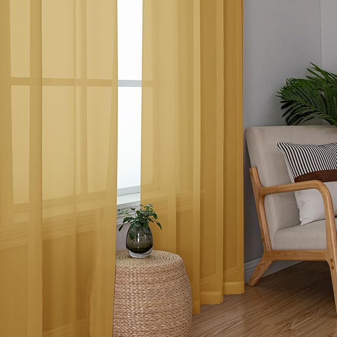 Aiyufeng Gold Sheer Curtains 72 Inch Length 2 Panels Set, Light Filtering Gold Window Curtain Drapes Treatment for Kitchen, Bedroom,Children Room, Dual Rod Pocket, 2 Pack of 42 x 72"