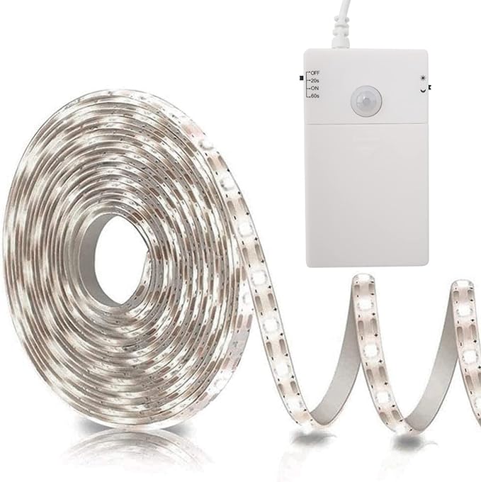 echosari Battery Operated Motion Sensor Cabinet Strip Lights, 9.8Ft 90 LED Counter Closet Strip Light, Motion & Night Sensor Safe Tape Light for Stairs Wardrobe Kitchen (Cool White)
