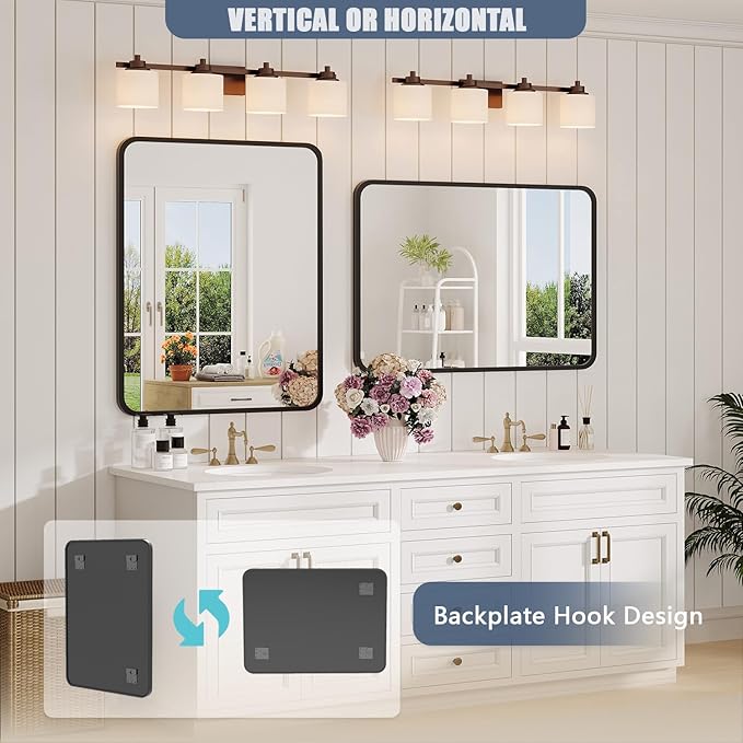 Black Bathroom Mirror for Over Sink - 22×30 Rectangle Bathroom Vanity Mirror Wall Mounted with Matte Aluminum Frame & Rounded Corners, Shatterproof Tempered-Glass, Horizontal/Vertical
