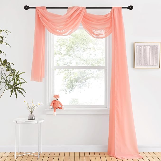 NICETOWN Sheer Scarf Curtain for Bedroom - Soft Voile Textured Window Topper Curtain Valance for Princess/Daughter Room Decor (W60 x L216, 1 Pack, Coral)