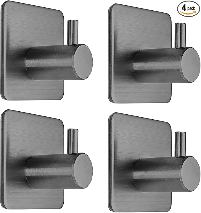 Adhesive Hooks Towel Hanger Wall Hooks for Hanging Coat, Hat,Towel Robe Hook Rack Wall Mount Waterproof Stainless Steel- Bathroom and Bedroom Gray 4-Packs
