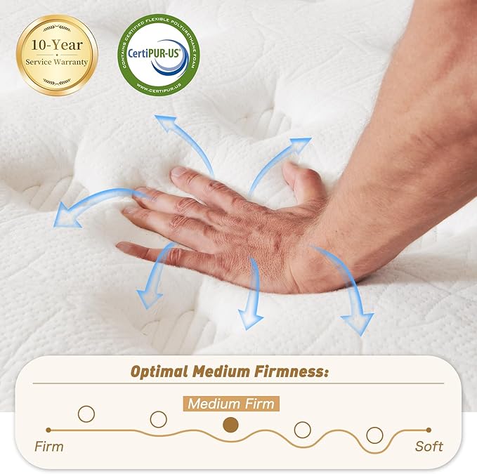 10 Inch Queen Size Hybrid Mattress with Gel Memory Foam and Individual Pocketed Coils for Motion Isolation & Edge Support, Medium Firmness for Pressure Relief, CertiPUR-US Certified,in a Box