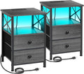 AMHANCIBLE Night Stand Set 2, LED Nightstand with Charging Station, End Tables Living Room with Fabric Drawers, Bedside Table for Bedroom, Dark Grey HET052LDG