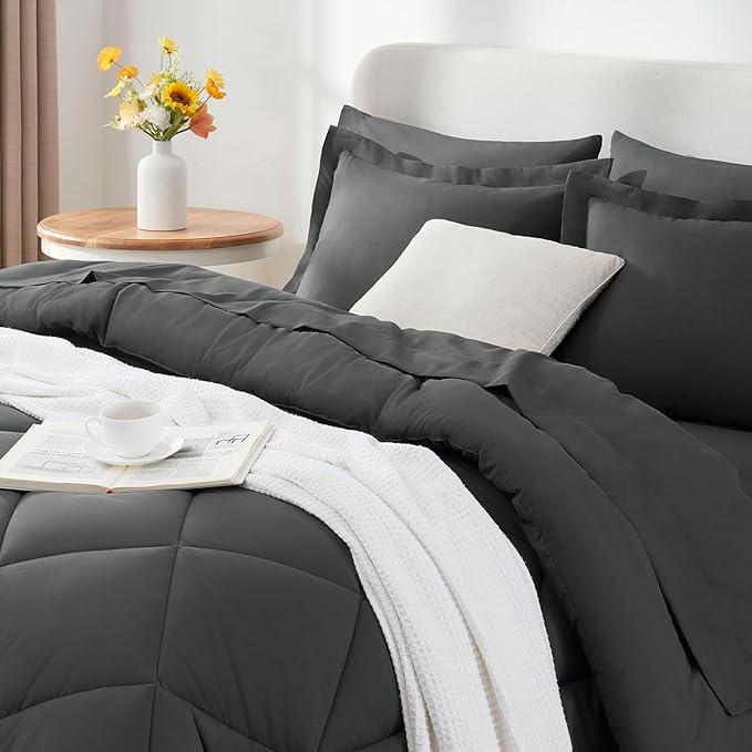 CozyLux King Size Comforter Set Dark Grey - 7 Pieces Bed in a Bag King, Luxury Soft Bed Set for All Seasons, Bedding Set with Down Alternative Comforter, Sheets, Pillowcases & Shams