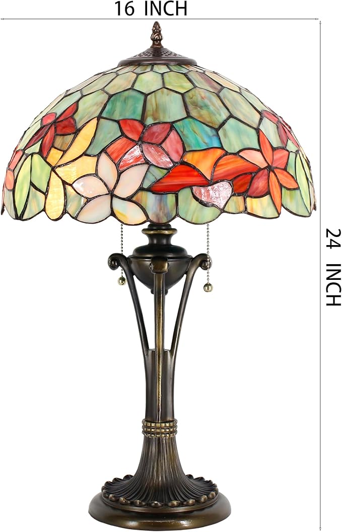 Tiffany Table Lamp Red Yellow Green Flowers Stained Glass Desk Lamp 16X16X24 Inches Reading Light