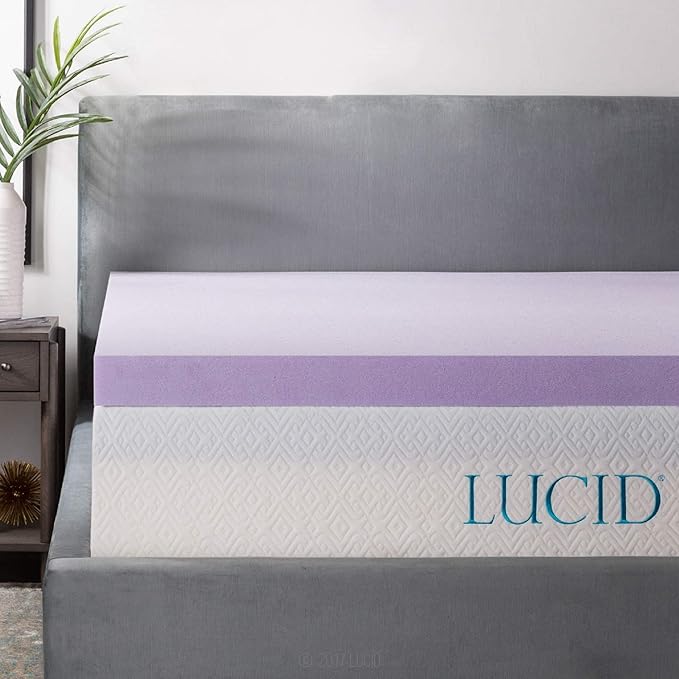 LUCID 3 Inch Lavender Infused Memory Foam Mattress Topper, California King Size – Ventilated Design – Pressure Relieving Bed Topper - Mattress Pad – CertiPur Certified