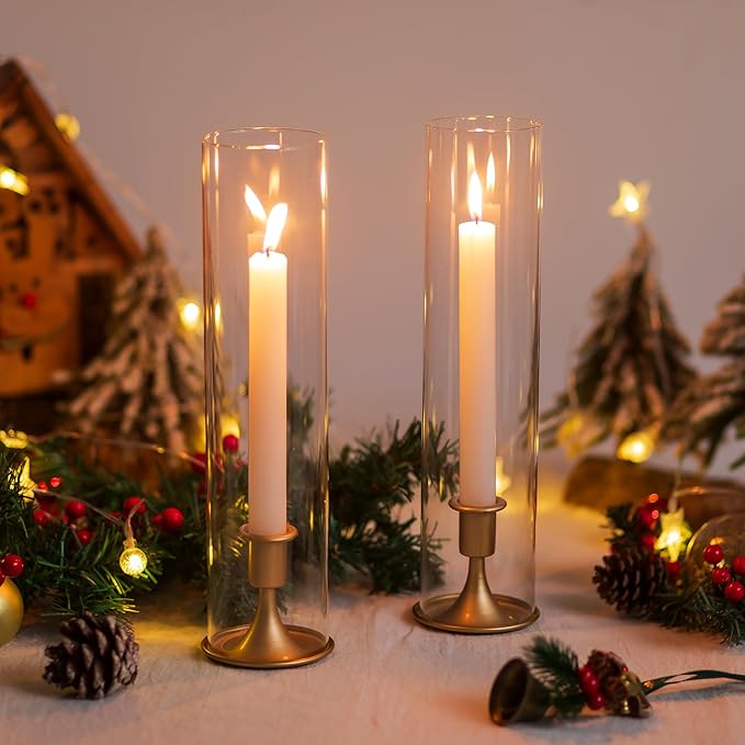 Romadedi Hurricane Candlestick Holders Gold - 10 Pcs Taper Candle Holders Bulk Tall Clear Glass Cylinder for Wedding Table Centerpieces Party Decor Birthday Christmas Home Decorations