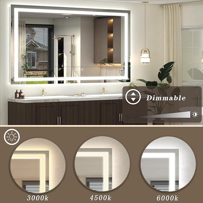 60x 40 Inch Lighted Bathroom Mirror for Wall, LED Illuminated Vanity Mirror with Lights, Dimmable, Anti-Fog, ETL Listed (Backlit and Front Lighted)