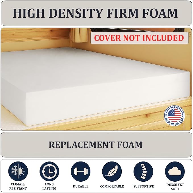Foamma 1” x 36” x 76” Truck, Camper, RV High-Density Bunk Mattress Foam Replacement, Made in USA, Comfortable, Travel Trailer, CertiPUR-US Certified, Cover Not Included