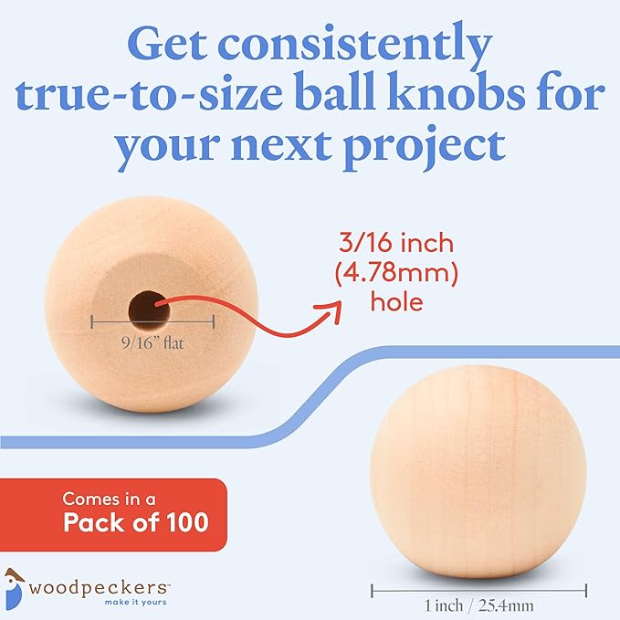 Wood Knobs, 1 Inch Round Natural Wood Drawer Pulls, Pack of 100 Unfinished Wooden Drawer Knobs, Ball Shaped Wood Cabinet Knobs, Nursery Dresser Knobs, Wood Door Knobs and Crafts