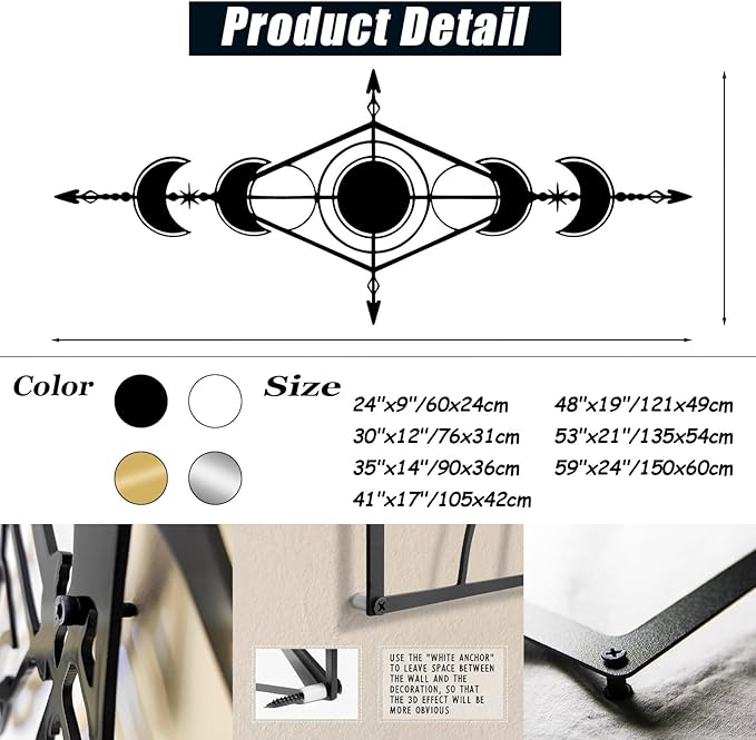 Hfrolixit Moon Phase Metal Wall Decor, Boho Moon Metal Wall Art, Celestial Wall Decor, Scandinavian Natural Wall Art, Astrology Wall Hanging (Silver, 41"x17"/105x42cm)