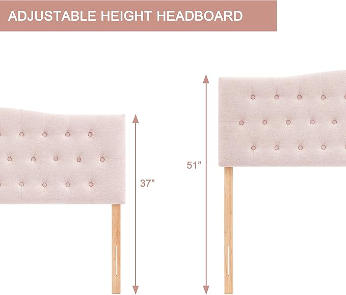 Tufted Upholstered Headboard Full Size, Sturdy and Durable Solid Wood Bed headboard, Fabric Headboard Adjustable Height from 37” to 51”, Modern Button Diamond Design Head Board, Pink