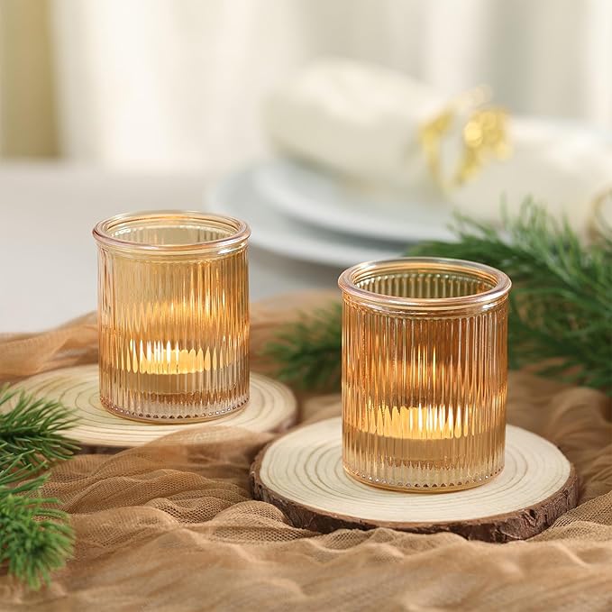8pcs Ribbed Gold Votive Candle Holders, Tea Light Candle Holder Glass for Wedding Table Decor, Gold Candle Holders for Table Centerpiece, Brithday and Holiday Decorations