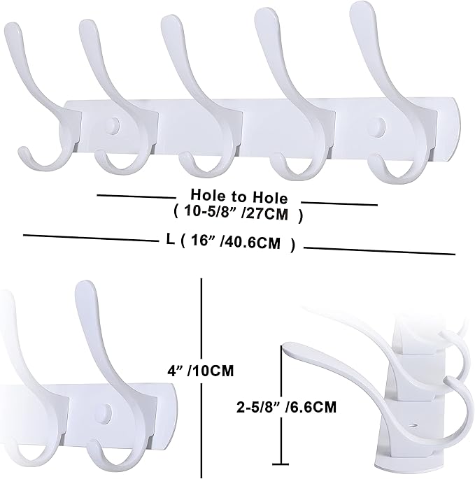 SKOLOO Modern Metal Wall Coat Rack with 5 Hooks, Pack of 2, Sturdy Wall Hook Rack for Hanging Coat, Jacket, Clothes, Hat, White
