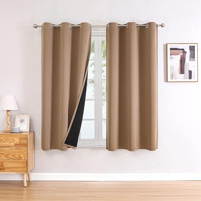 ChrisDowa 100% Blackout Curtains 63 inch Long for Bedroom with Black Liner, 2 Thick Layers Total Blackout Thermal Insulated Grommet Window Curtains 2 Panels Set (Cappuccino, 38 x 63 Inch)