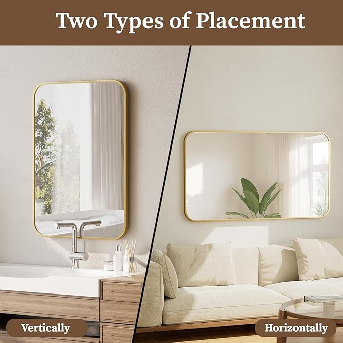 BEAUTYPEAK 20" x 28" Rectangular Aluminum Alloy Frame Wall Mounted Bathroom Mirror with Rounded Corners, Gold