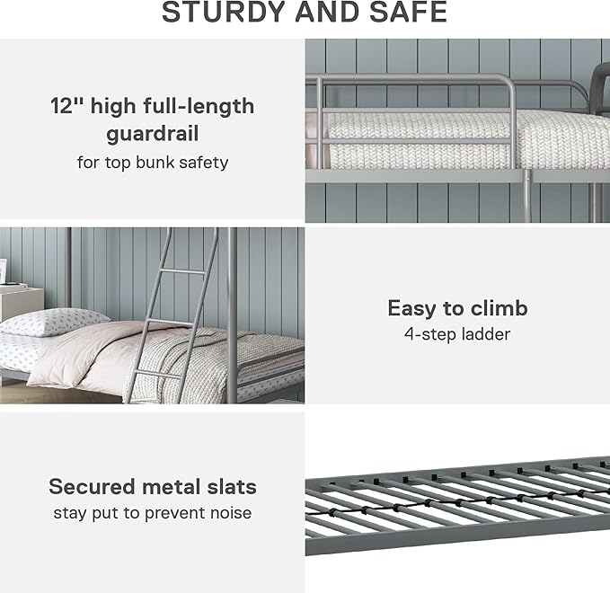 DHP Twin-Over-Twin Bunk Bed with Metal Frame and Ladder, Space-Saving Design, Silver Twin/Twin