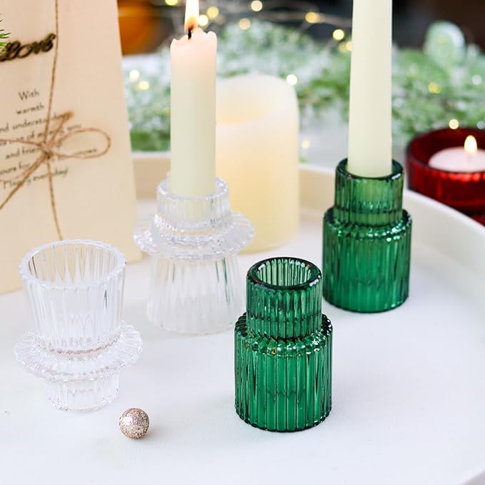 Christmas Candle Stick Holder Set Red Green Glass Taper Candle Holders for Tealight Candlestick Candle ChristmasTable Centerpieces Holiday Decor12PCS