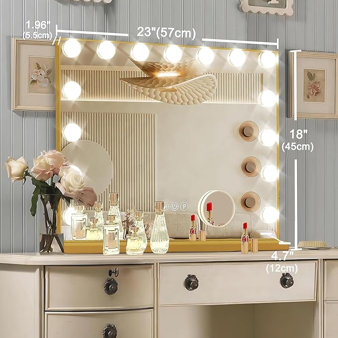 Gold Hollywood Vanity Mirror with Lights, 15 Dimmable Bulbs, 3 Color Lights,Make Up Lighted Mirror, Aluminum Metal Frame, USB Charging Port（23" x 18"）