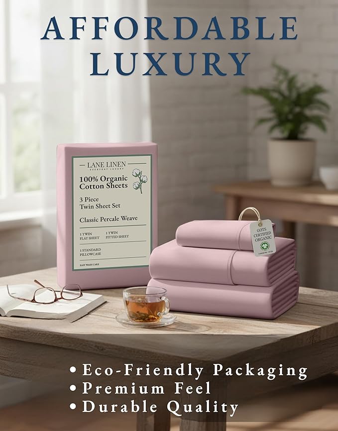 LANE LINEN Eco Friendly 100% Organic Cotton Twin Sheet Set, Hotel Quality Premium Bedding Sheets & Pillowcases Set Twin Size, Soft & Comfy Percale Sheets, Machine Wash Bed Sheets- Sepia Rose