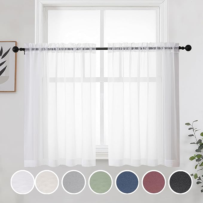 OWENIE Short White Sheer Curtains 36 Inches 2 Panels Set - Kitchen Tiers Valances Curtains Light Filter Rod Pocket Voile Cafe Curtains for Kitchen Bathroom Small Half Window, 42 in W x 36 in L