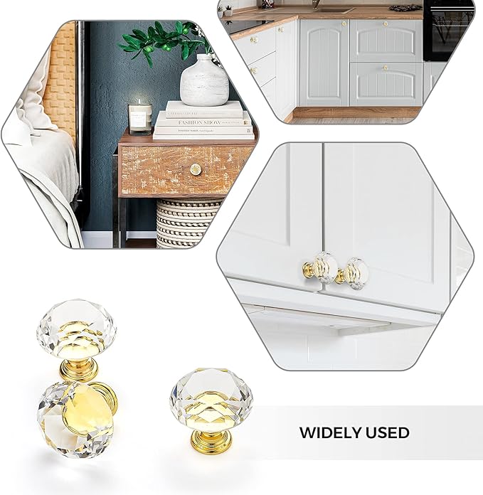 Ravinte 5 Pack Crystal Knobs for Dresser Drawers Glass Cabinet Knobs Diamond Shaped Drawer Knobs - 30 mm Knobs with Gold Base
