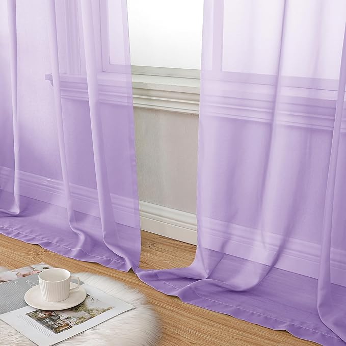 Aiyufeng Light Purple Sheer Curtain Panels Pair Sold 96 Inch Length, Light Filtering Window Curtain Drapes Treatment for Kitchen, Bedroom/Children Room, Voile Top Dual Rod Pocket, 2 Pack of 42 x 96"