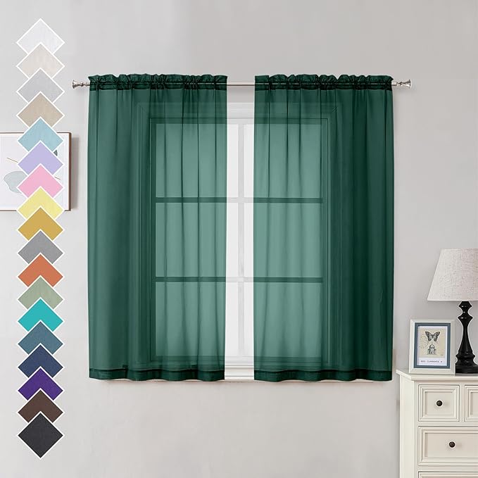 OVZME Hunter Green Sheer Curtains 54 Inches Long 2 Panels - Soft Light Filtering Window Sheer Panels for Living Room/Bedroom, Top Dual Rod Pocket, 1 Pair, Each 42Wx54L Inches