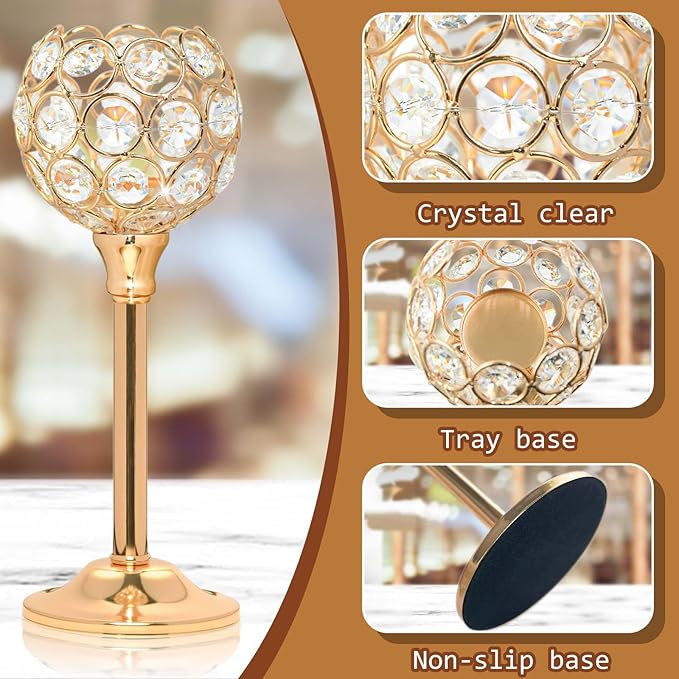 Elegant Crystal Candle Set of 6- Gold Tealight Holders, Votive Candelabras & Bowl Centerpiece Bulk for Dining Table, Wedding Decor
