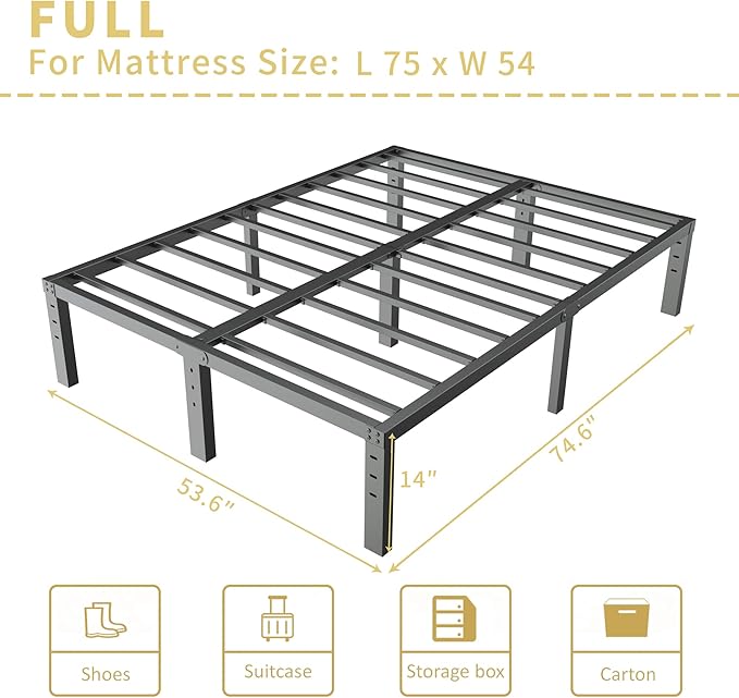 ALDRICH 14 Inch Metal Full Size Bed Frame - Double Black Basic Steel Slats Platform, Easy Assembly Heavy Duty Noise Free Bedframes, No Box Spring Needed