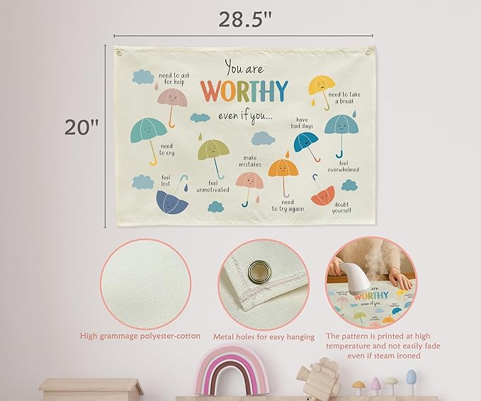 Boho Rectangular Banner Flag Wall Sign Decor Gift for Baby Boy Girl Kids,Nursery Classroom Baby Room Bedroom Living Room Office Dorm Decor-You Are Worthy Even If You-Birthday Christmas Gift