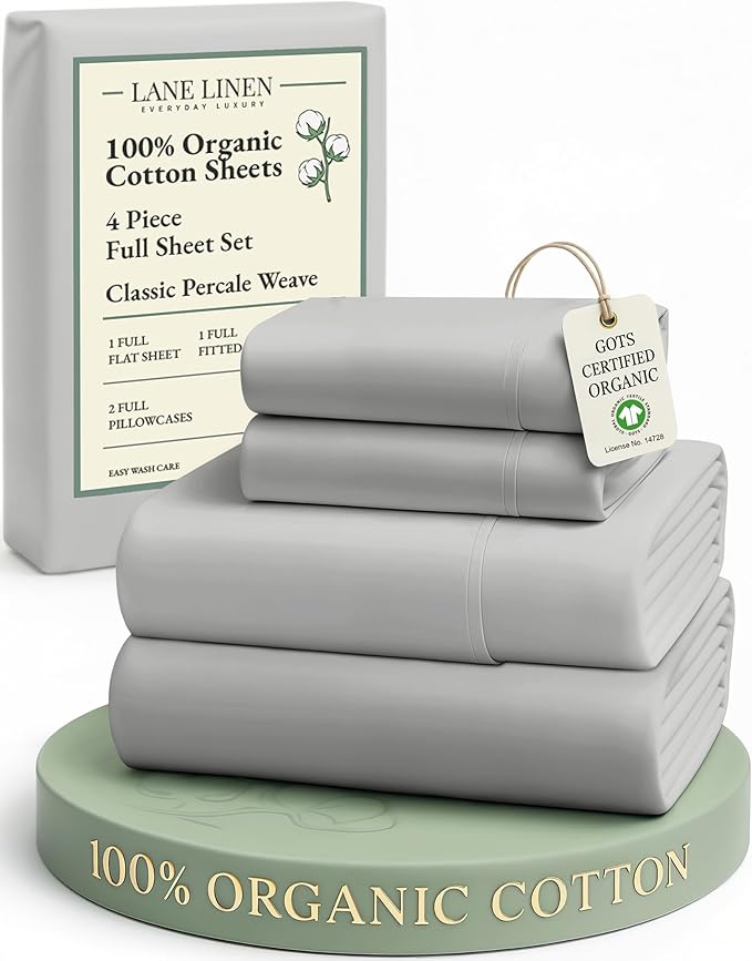 LANE LINEN 100% Organic Cotton Eco Friendly Full Size Sheet & Pillowcase Sets, 15" Deep Pocket Fully Elasticized Soft & Comfy Percale Bedding, Naturally Temperature Regulating Sheets Full- Silver