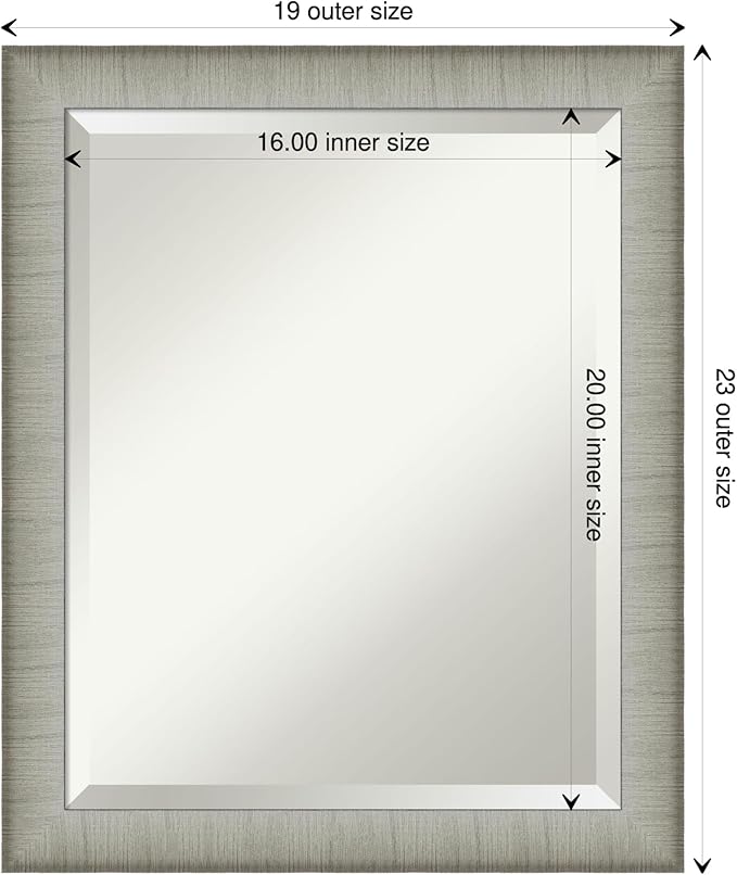 Amanti Art Silver Bathroom Mirror for Over Sink, 23x19 Elegant Brushed Pewter Narrow Rectangle Vanity Mirror, Small Casual Frame, Hangs Horizonally and Vertically, Bathroom Wall Decor, Beveled Edge